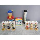 Noddy items comprising six ornaments, jack in the bix, kaleidoscope and bubblebath bottle.