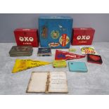 Vintage collectable tins to include two Oxo, Castrol, a 1958 Whitley Bay Scooter Rally felt flag and