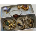 Box of costume jewellery including 2 Michaela Frey lockets