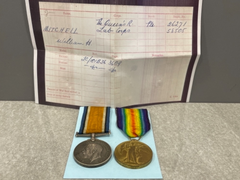 Medals WWI pair of silver and victory medals awarded to Pte W.H. Mitchell. The Queens Royal west