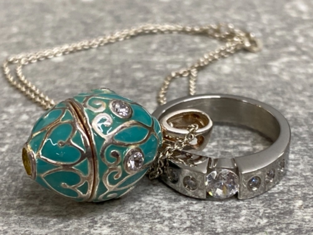 Faberge egg style pendant on silver chain plus CZ ring