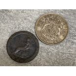 Britannia George III 1797 two penny coin together with George VI 1937 coronation silver crown