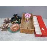 A wooden dried apricot fruit box, a set of 6 EWA hand cut lead crystal tumblers, carnival glass