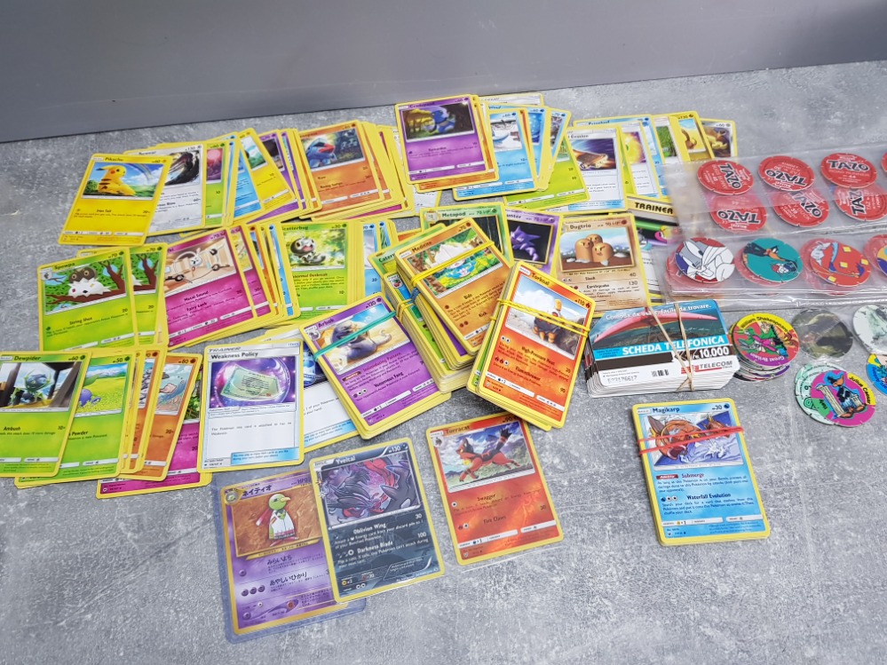 Large Quantity of Pokemon cards and Walkers Tazos, also includes a bundle of vintage telephone