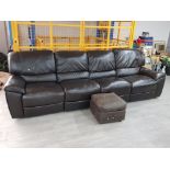 Reclining brown leather 4 seater settee together with storage pouffe