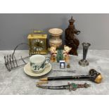 Miscellaneous items including dagger, bookends and clock