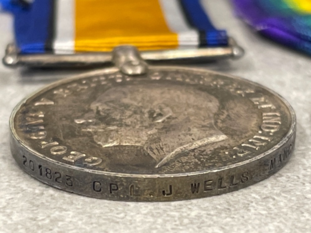 Medals WWI pair silver and victory medals awarded to Cpl J. Wells Manchester reg 201823 - Image 2 of 3