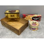 Various vintage tins including Quality street and Cadbury’s milk chocolate wooden crate