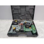 A Power G cordless drill and jigsaw, and a power drill by tools of the trade, cased.