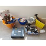 A quantity of tools to include halford jump leads, hard hat, hammers, sockets etc.