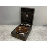 Vintage world famed Antoria turntable record player, complete with handle and spear needles, in good