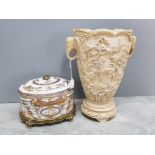 Large oriental style carved resin urn with twin elephant handles together with a nicely decorated