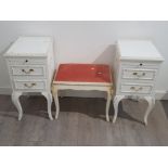 Pair of cream and gilt 2 drawer bedside chests plus matching stool