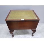 A mahogany leather inset sewing box on cabriole legs, including contents 45.5 x 43.5 x 34.5cm