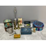 Miscellaneous items including vintage tins, candle holders etc