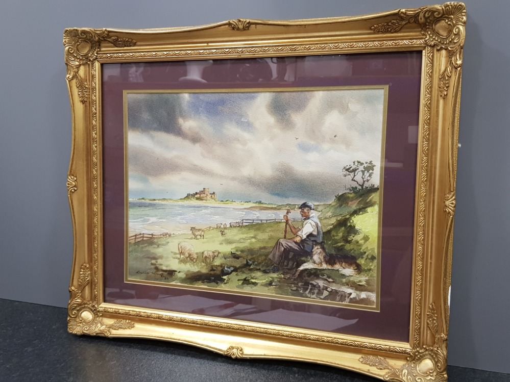 Gilt framed watercolour the shepherd and his dog, Bamburgh castle signed and dated bottom left by