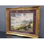 Gilt framed watercolour the shepherd and his dog, Bamburgh castle signed and dated bottom left by