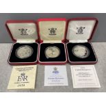 UK Royal mint £5 silver proof coins 1993 Coronation, 1993 Queens 70th Birthday and 1997 Golden