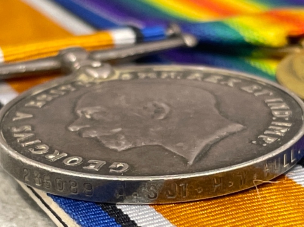 Medals WWI pair, silver and victory medals awarded to A. Sjt Hugh William Hull. South Lancashire Reg - Image 2 of 3