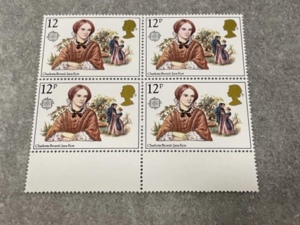 Stamps 1980 Famous Authors 12p stamps with P error in block of 4 perfect mint