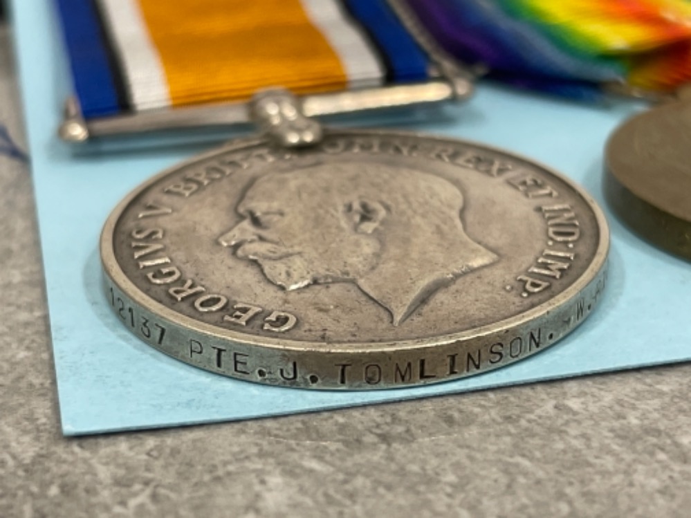 Medals WWI pair, Silver and victory medals awarded to Pte J. Tomlinson W. Riding Reg 12137 - Image 3 of 4