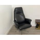1980s Hjort Knudsen classic black leather reclining swivel armchair. Mint condition