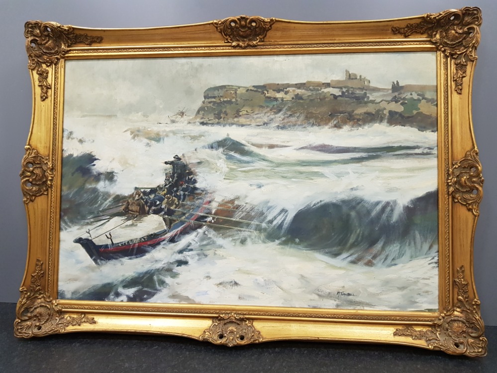 Gilt framed oil on board Rescue at Tynemouth, signed by the artist M.Turnbull, 49x74cm