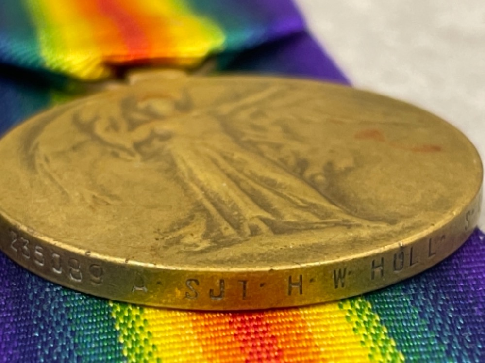 Medals WWI pair, silver and victory medals awarded to A. Sjt Hugh William Hull. South Lancashire Reg - Image 3 of 3