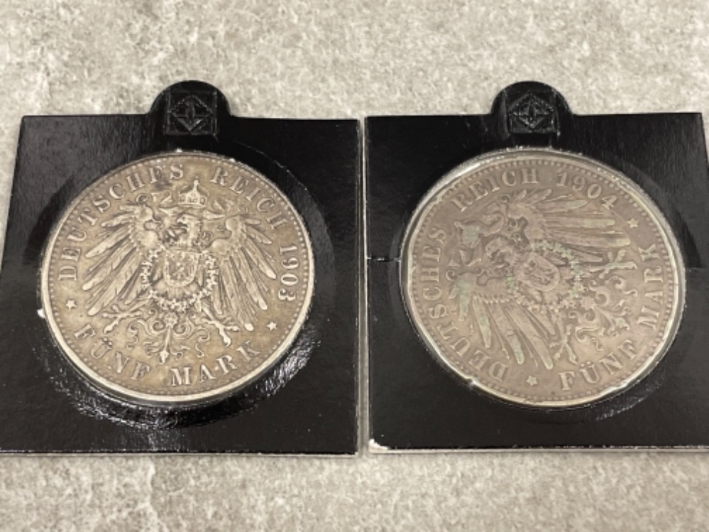 2 Antique German silver 5 mark coins 1903 and 1904