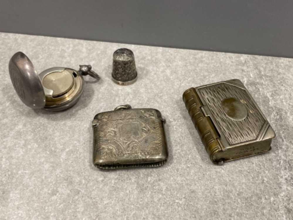 Hallmarked Silver vesta case, silver coin case and thimble with one other vesta case