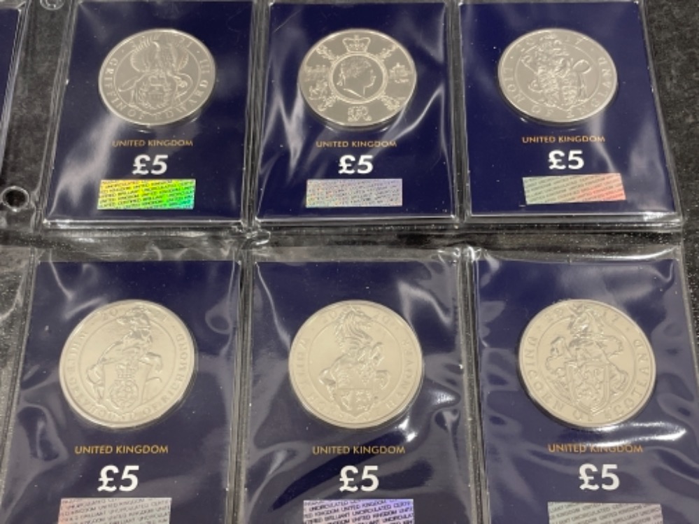 Royal mint £5 coins from 2017-2021 collection of 15 different including 6 x Queens beasts. All
