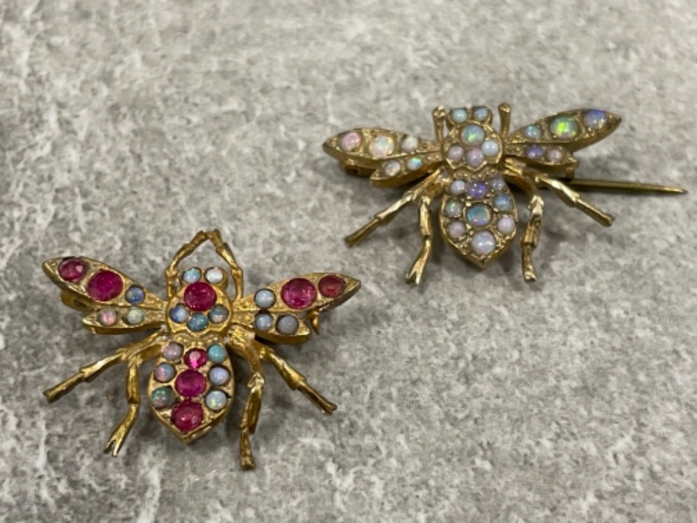 Pair of 9ct gold opal and gem set bug fly brooches. Vintage/Antique both in good condition