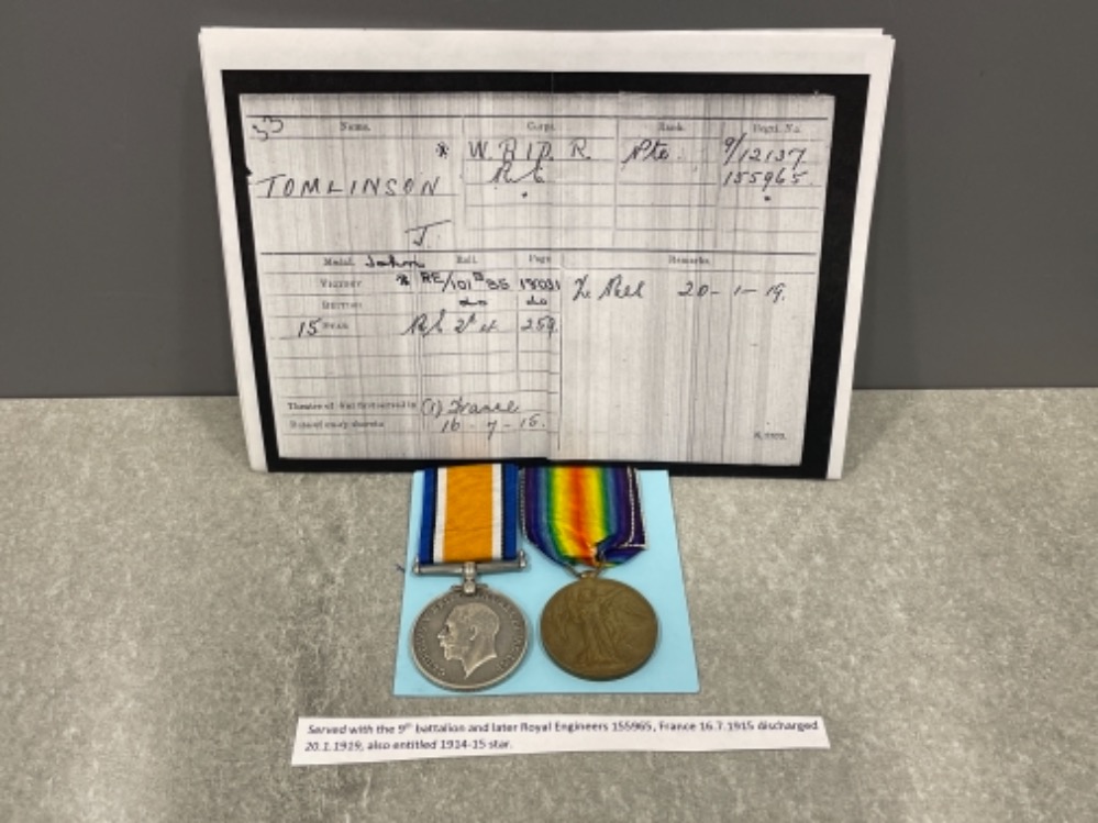 Medals WWI pair, Silver and victory medals awarded to Pte J. Tomlinson W. Riding Reg 12137