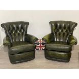 Pair of Green leather button back chesterfield armchairs in good clean condition