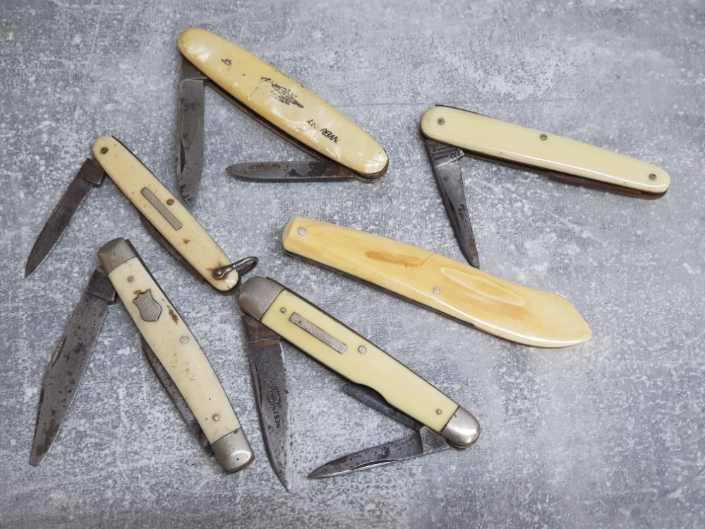 6x ivorine plus similar handled penknives including Saynor, George Wostenholm etc