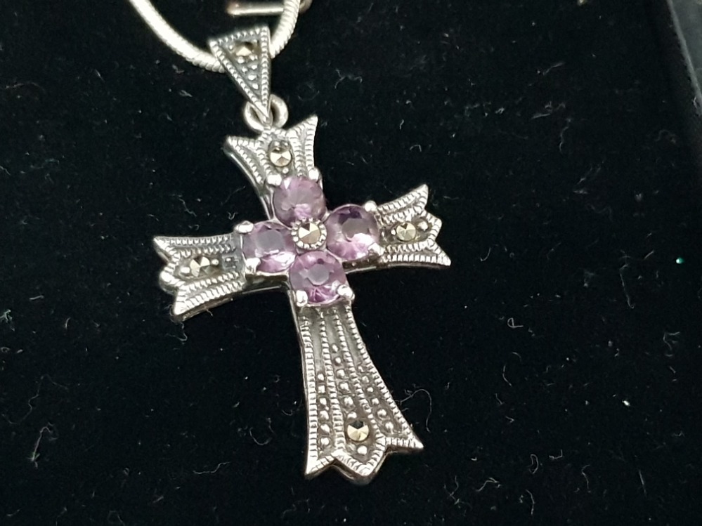 Silver, marcasite and amethyst cross and chain