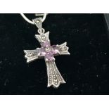 Silver, marcasite and amethyst cross and chain