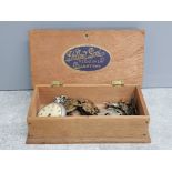 Wooden Yellow Soal Virginia Cigarettes box containing miscellaneous military badges and smiths