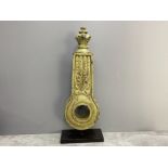 Hand carved console piece with oak leaf decoration and distressed finish on black stand, Height