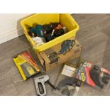 Box containing miscellaneous tools, including Pop rivet guns, electric drills, planer, hot air gun