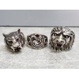 3 silver gents rings includes Eagle, lion with red stone and Smilodon (saber toothed tiger) 69.2g,