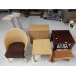 A wicker chair, wall mounted cupboard, cracket stool occasional tables etc. 7