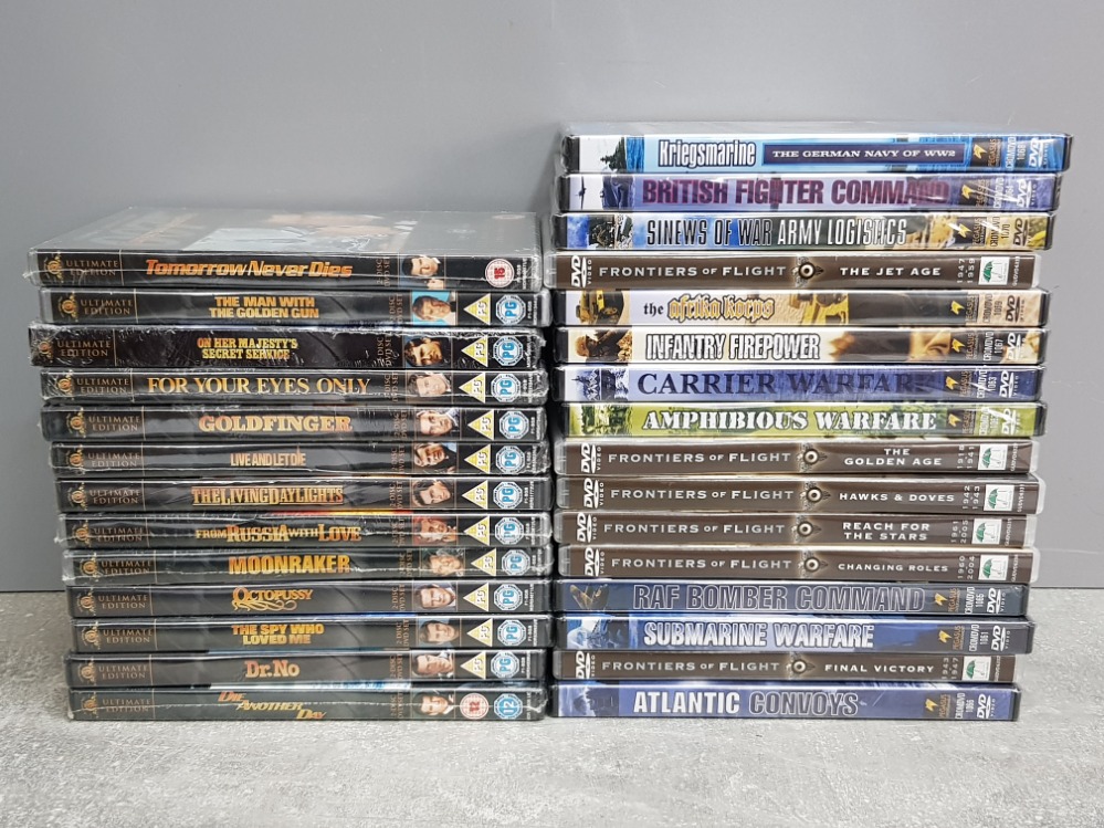13 unopened 007 James Bond DVDs together with 16 war related DVDs