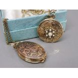 2 gold plated lockets (1 family) & chain, 26.3g