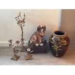 Miscellaneous items including candle holders, large urn and decorative case