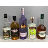 5 bottles of alcohol includes J.J Whitley violet Gin, District Gin, Three barrels french brandy