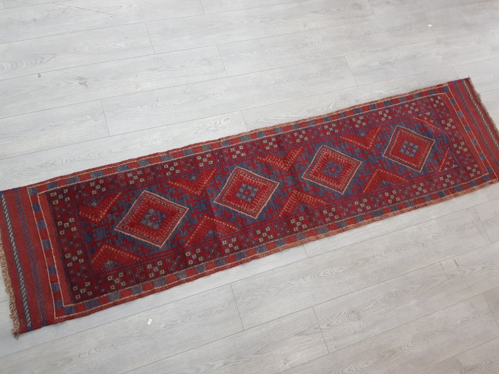 Fringed handmade Afghan Maswani runner rug, 242x58cm