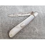 Fancy mother of pearl and hallmarked sheffield silver 1912 fruit knife