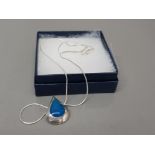 Silver pear shape blue stone pendant & chain, 9.3g