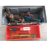 Tool box containing vintage tools, winder, footprint plane etc